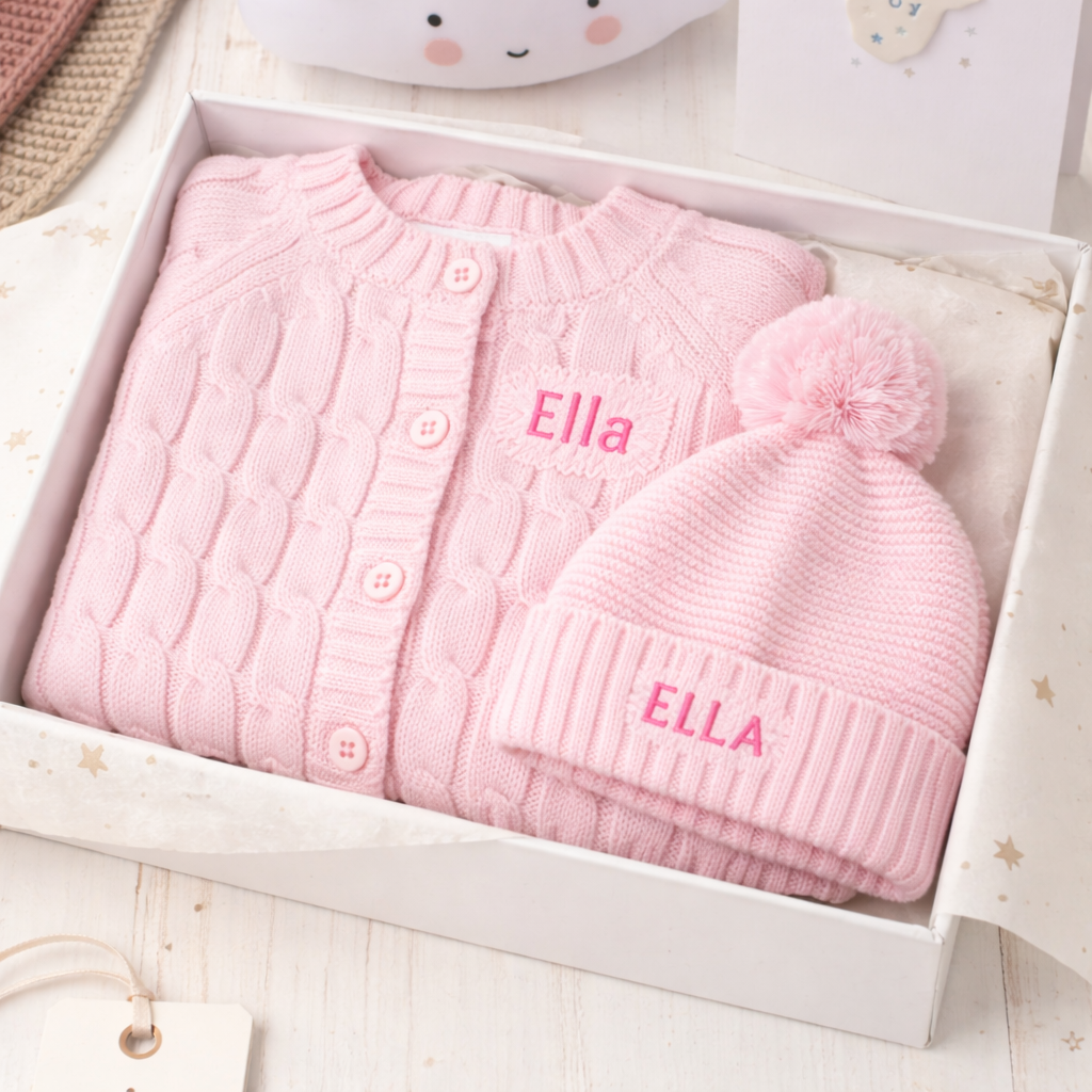 Personalized Baby Cardigan & Hat Set – Custom Embroidered Name, 100% Cotton Newborn Outfit (0–6 Months)