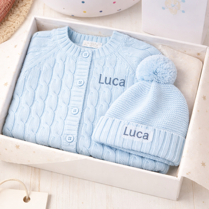 Personalized Baby Cardigan & Hat Set – Custom Embroidered Name, 100% Cotton Newborn Outfit (0–6 Months)