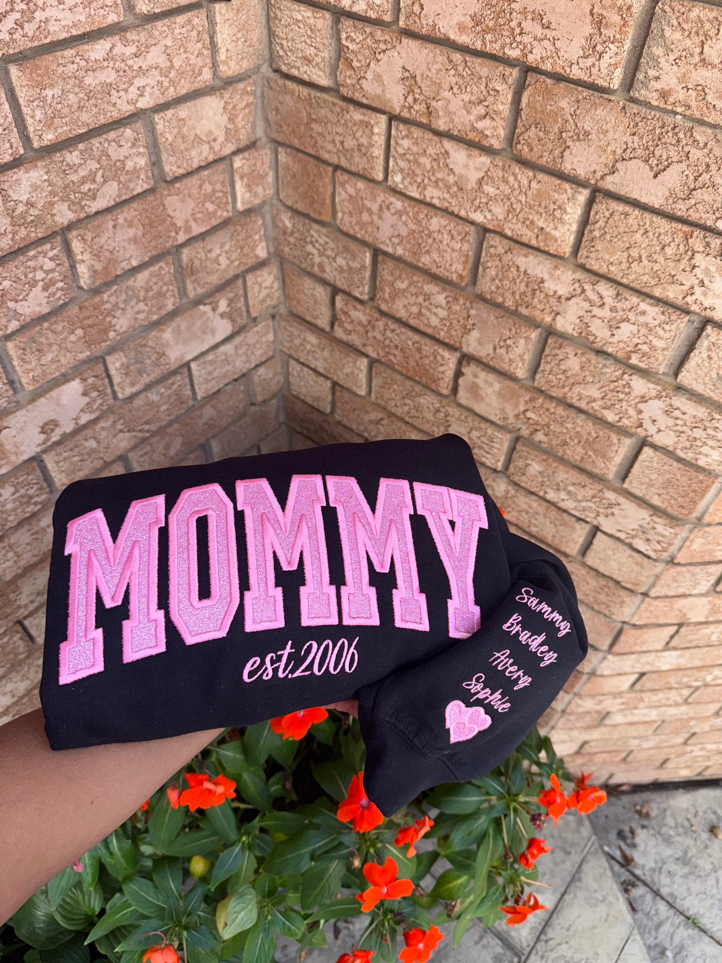 Custom Mommy Sweatshirt & Hoodie – Personalized EST Year Embroidered Glitter Crewneck