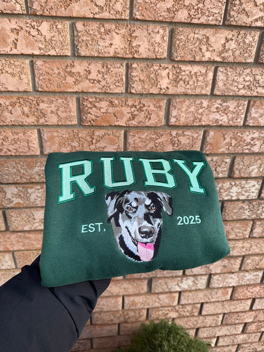 Custom Embroidered Dog Portrait Hoodie – Personalized Pet Sweatshirt Keepsake