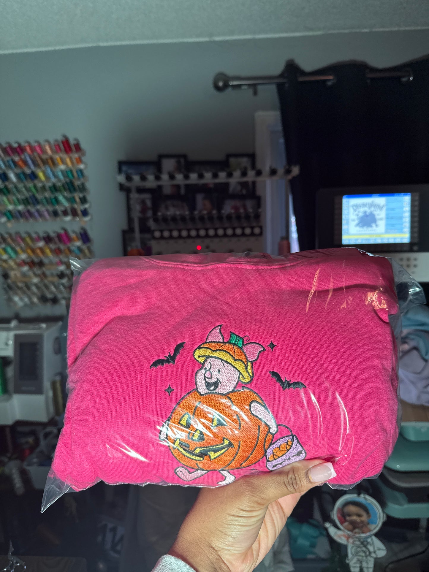 Pink Pumpkin Bear Embroidered Halloween Hoodie – Size Large