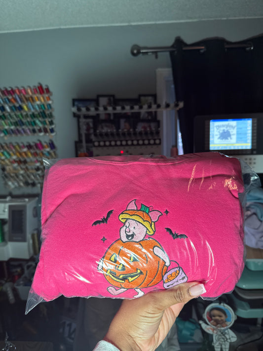 Pink Pumpkin Bear Embroidered Halloween Hoodie – Size Large