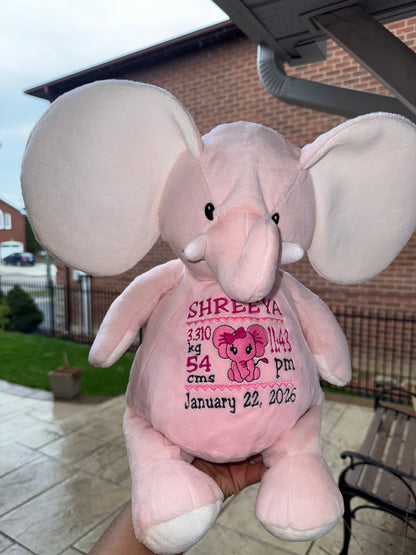 Personalized Elephant Plush Baby Gift – Custom Name, Birth Stats Embroidered Keepsake (Pink Stuffed Animal)