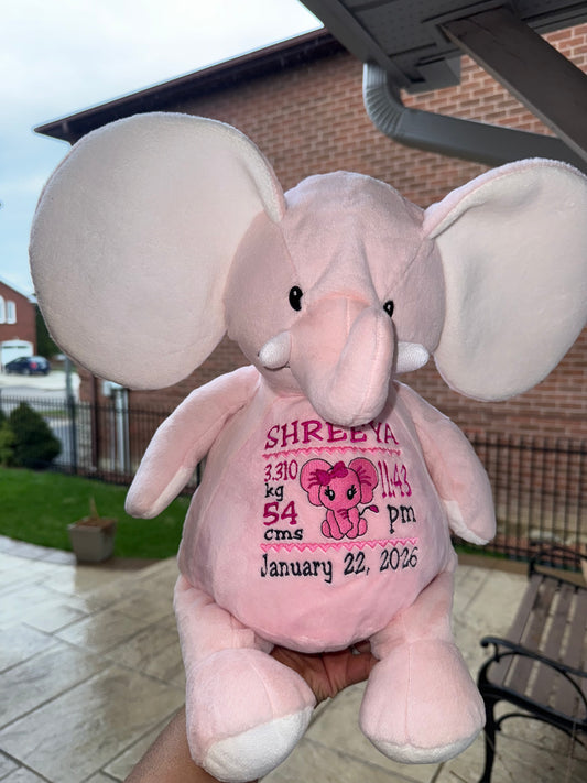 Personalized Elephant Plush Baby Gift – Custom Name, Birth Stats Embroidered Keepsake (Pink Stuffed Animal)
