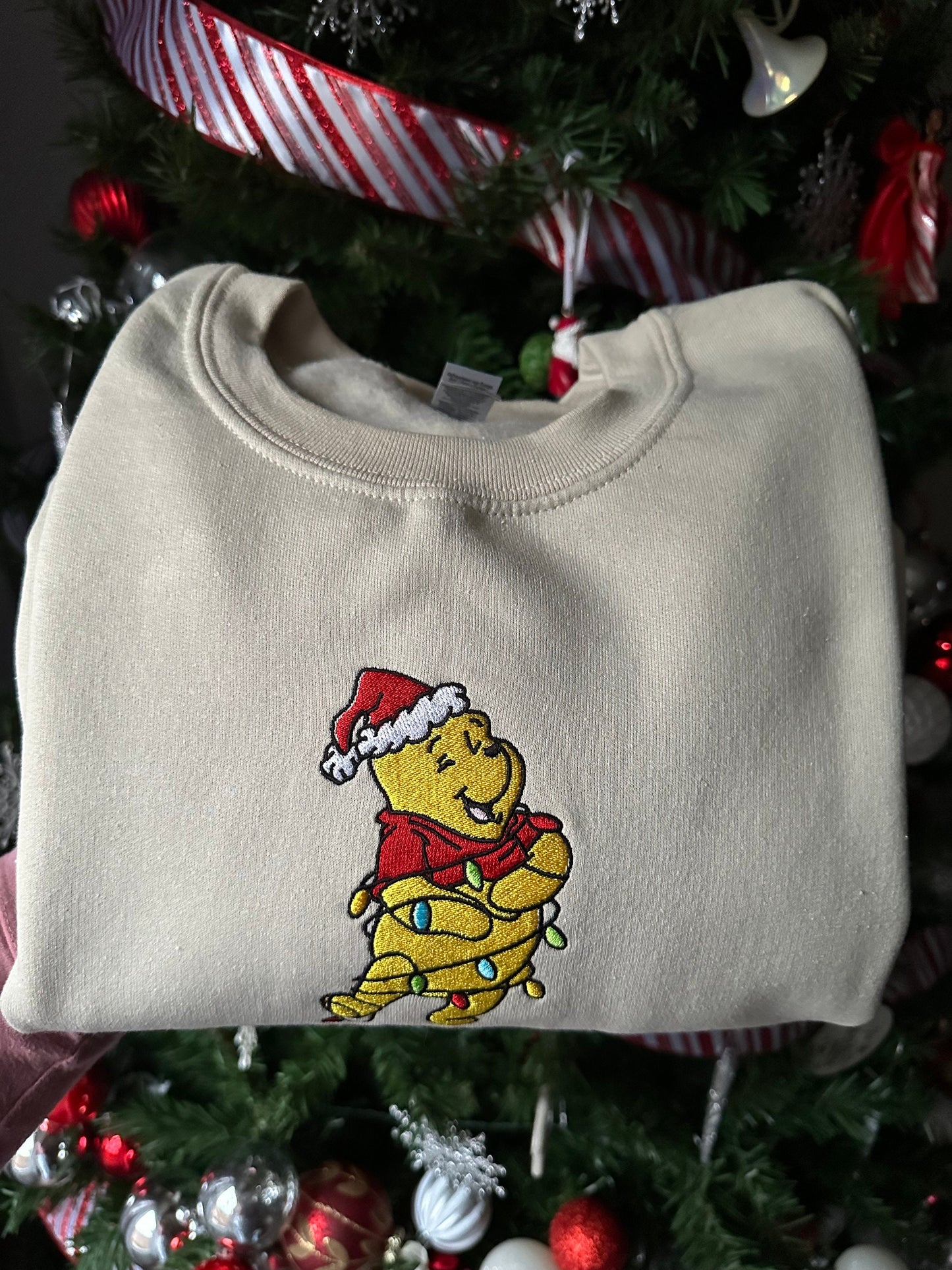 Holiday Bear Embroidered Crewneck & Hoodie – Cozy Christmas Lights Sweatshirt