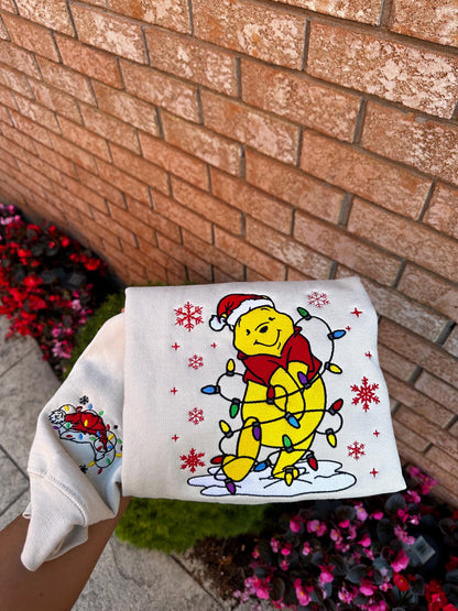 Cozy Bear Christmas Embroidered Crewneck & Hoodie – Holiday Lights Winter Sweatshirt