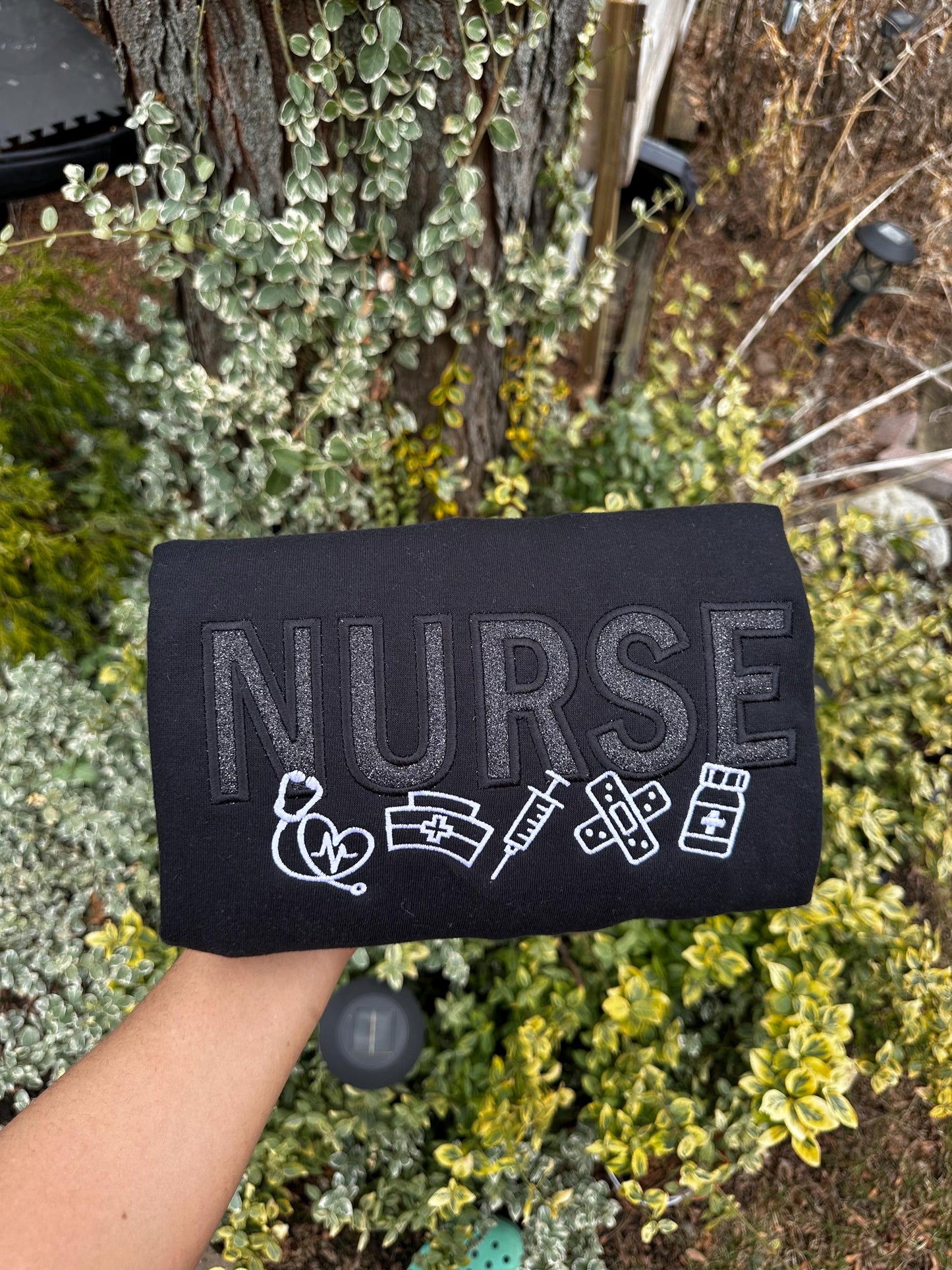 Glitter “NURSE” Embroidered Crewneck with Medical Icons
