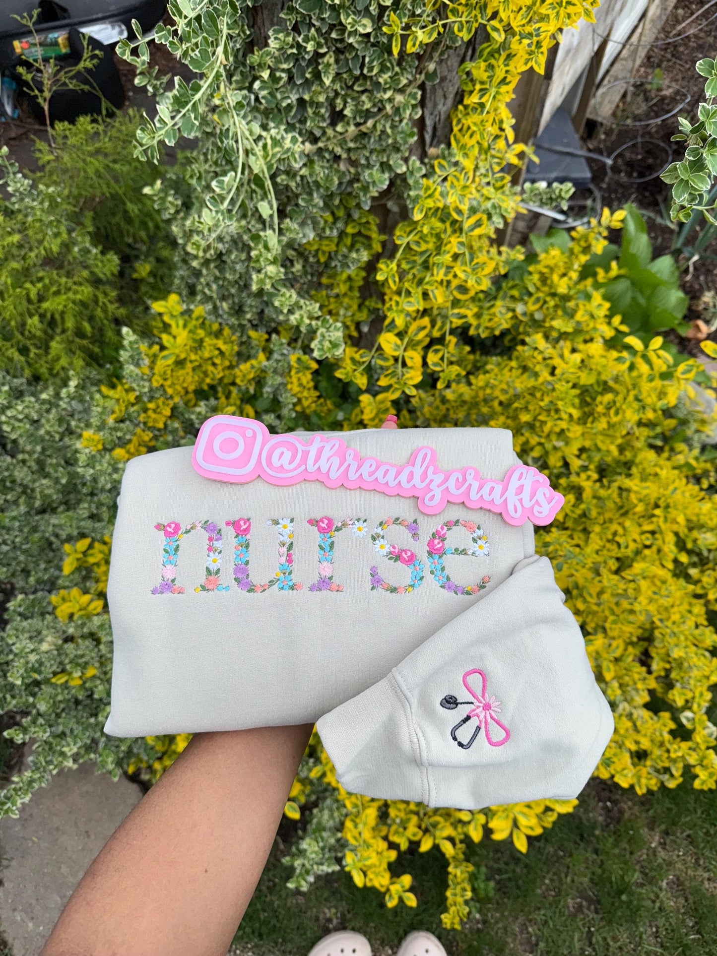 Floral “Nurse” Embroidered Crewneck and Hoodie