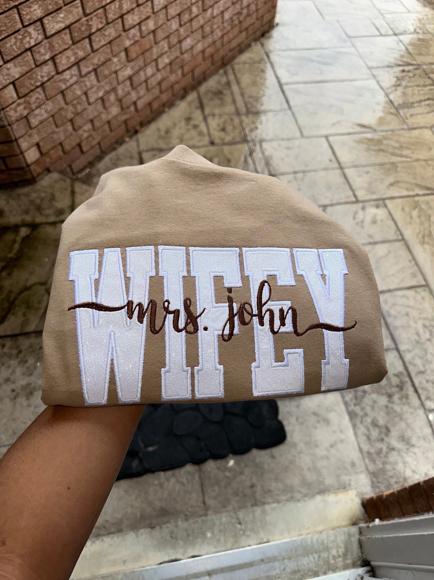 Custom WIFEY Sweatshirt & Hoodie – Personalized Mrs. Name Glitter Embroidered Crewneck (Bridal Gift or Honeymoon Sweatshirt)