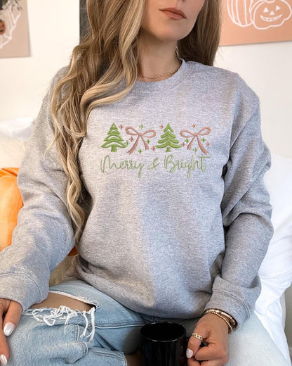 Merry & Bright Embroidered Crewneck & Hoodie – Minimal Christmas Holiday Sweatshirt
