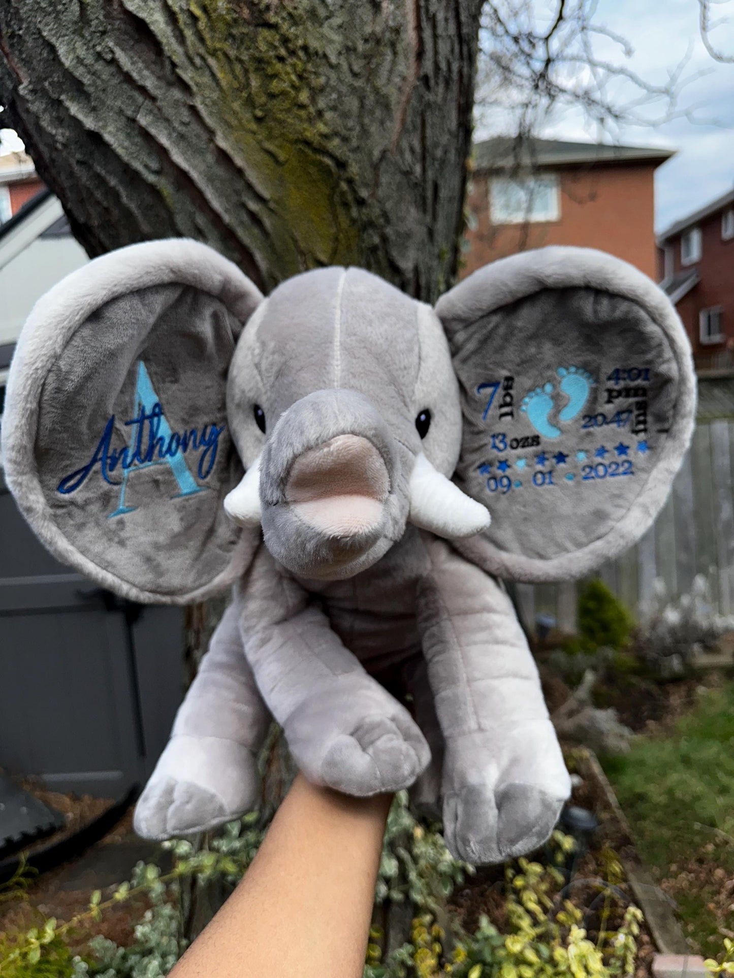 Personalized Elephant Plush with Embroidered Ears – Custom Baby Name Keepsake Gift (14” Elephant Ear Buddy)