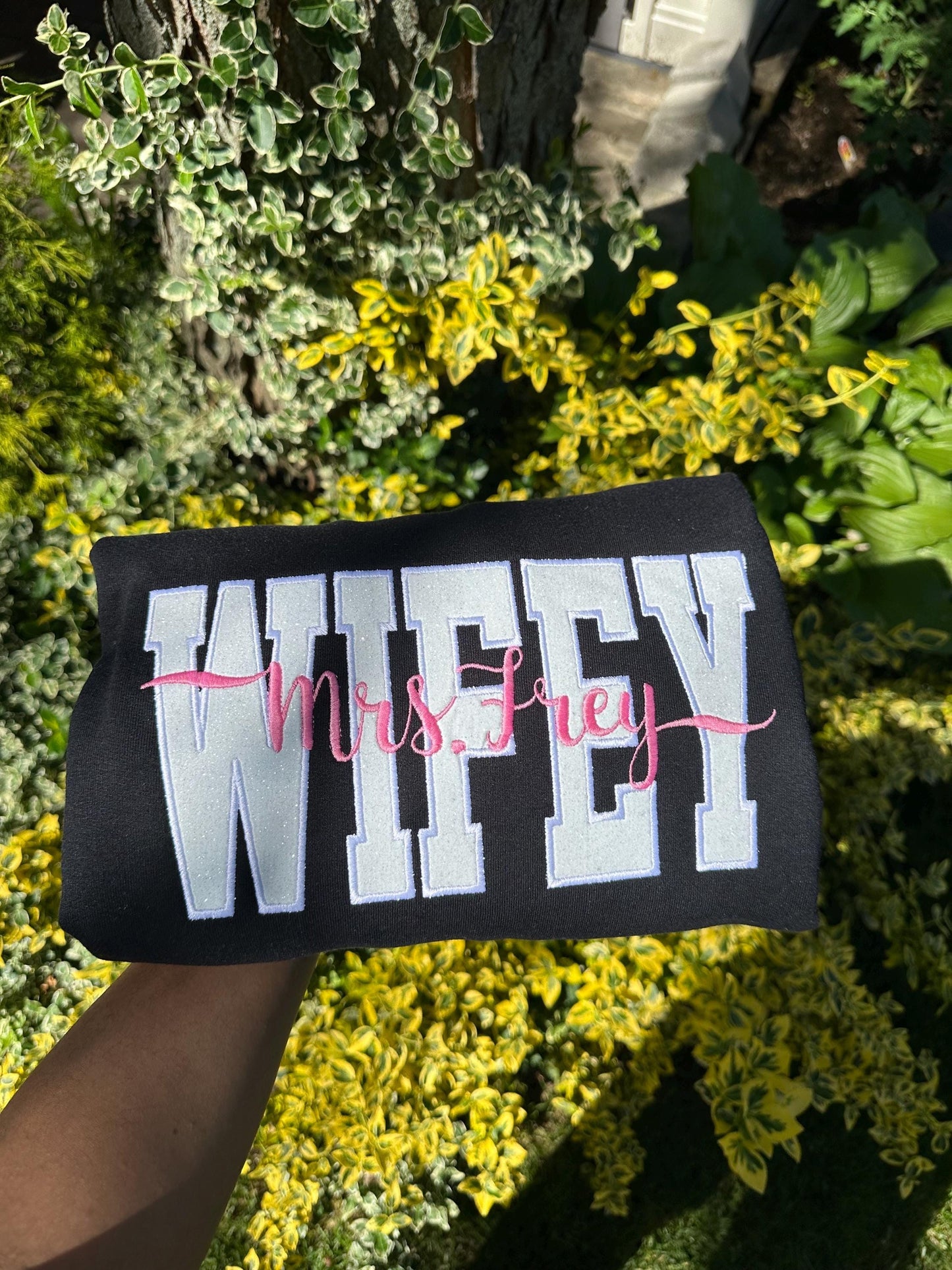 Custom WIFEY Sweatshirt & Hoodie – Personalized Mrs. Name Glitter Embroidered Crewneck (Bridal Gift or Honeymoon Sweatshirt)