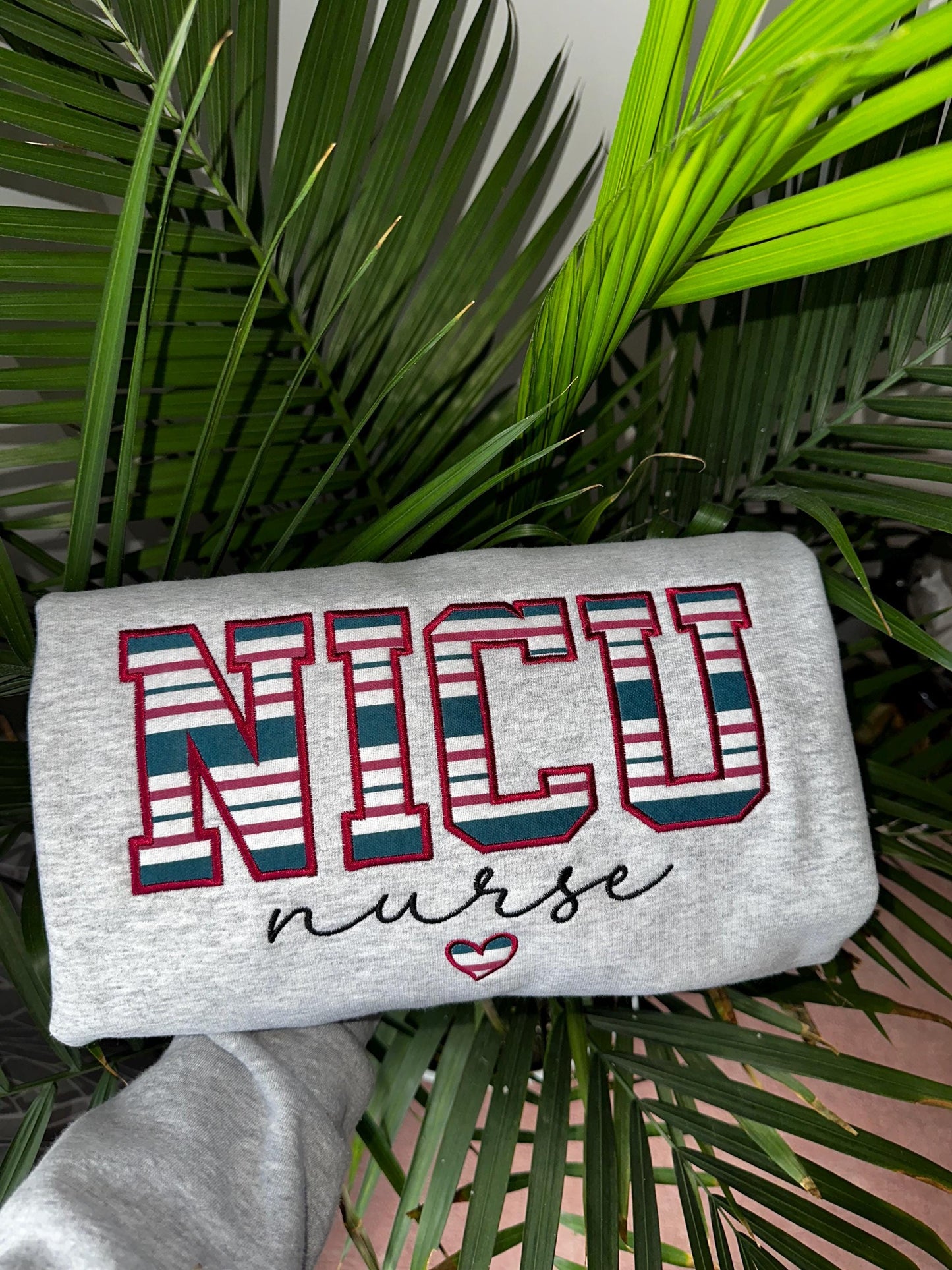 NICU Nurse Striped Embroidered Sweatshirt | Custom Varsity NICU Crewneck | Nurse Appreciation Gift