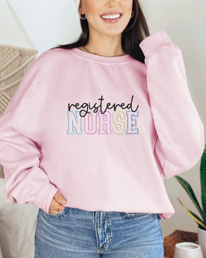 Pastel “Registered Nurse” Embroidered Crewneck Sweater
