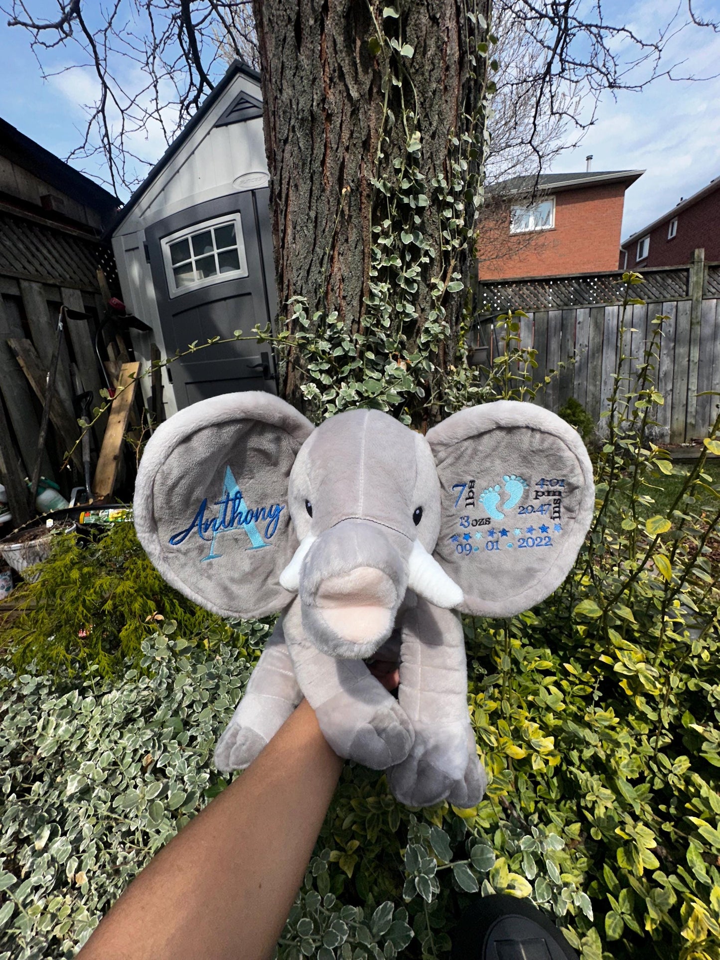 Personalized Elephant Plush with Embroidered Ears – Custom Baby Name Keepsake Gift (14” Elephant Ear Buddy)