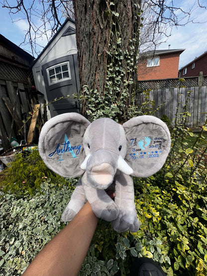 Personalized Elephant Plush with Embroidered Ears – Custom Baby Name Keepsake Gift (14” Elephant Ear Buddy)