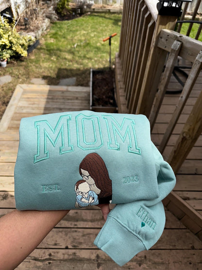 Custom MOM EST. 2023 Embroidered Sweatshirt – Personalized Motherhood Sweater with Photo Design, New Mom Gift, Matching Family Keepsake, Embroidered Hoodie Option