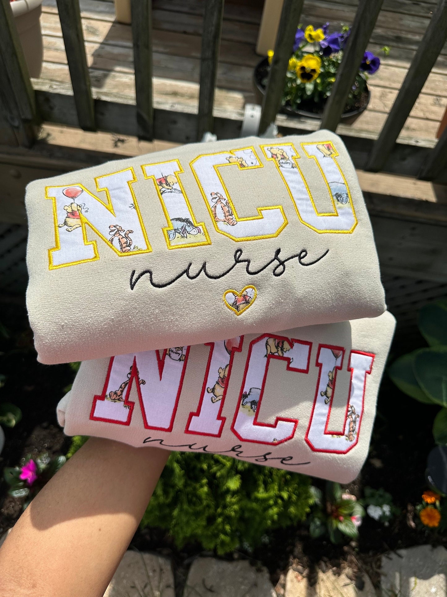 Personalized NICU Nurse Embroidered Sweatshirt | Custom Pooh-Inspired Varsity Crewneck | Nurse Appreciation Gift