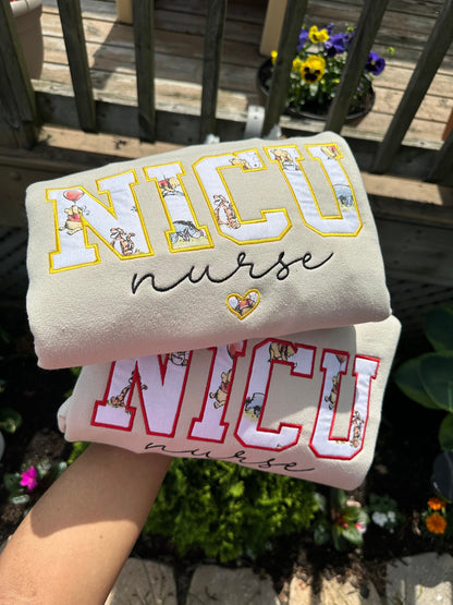Personalized NICU Nurse Embroidered Sweatshirt | Custom Pooh-Inspired Varsity Crewneck | Nurse Appreciation Gift