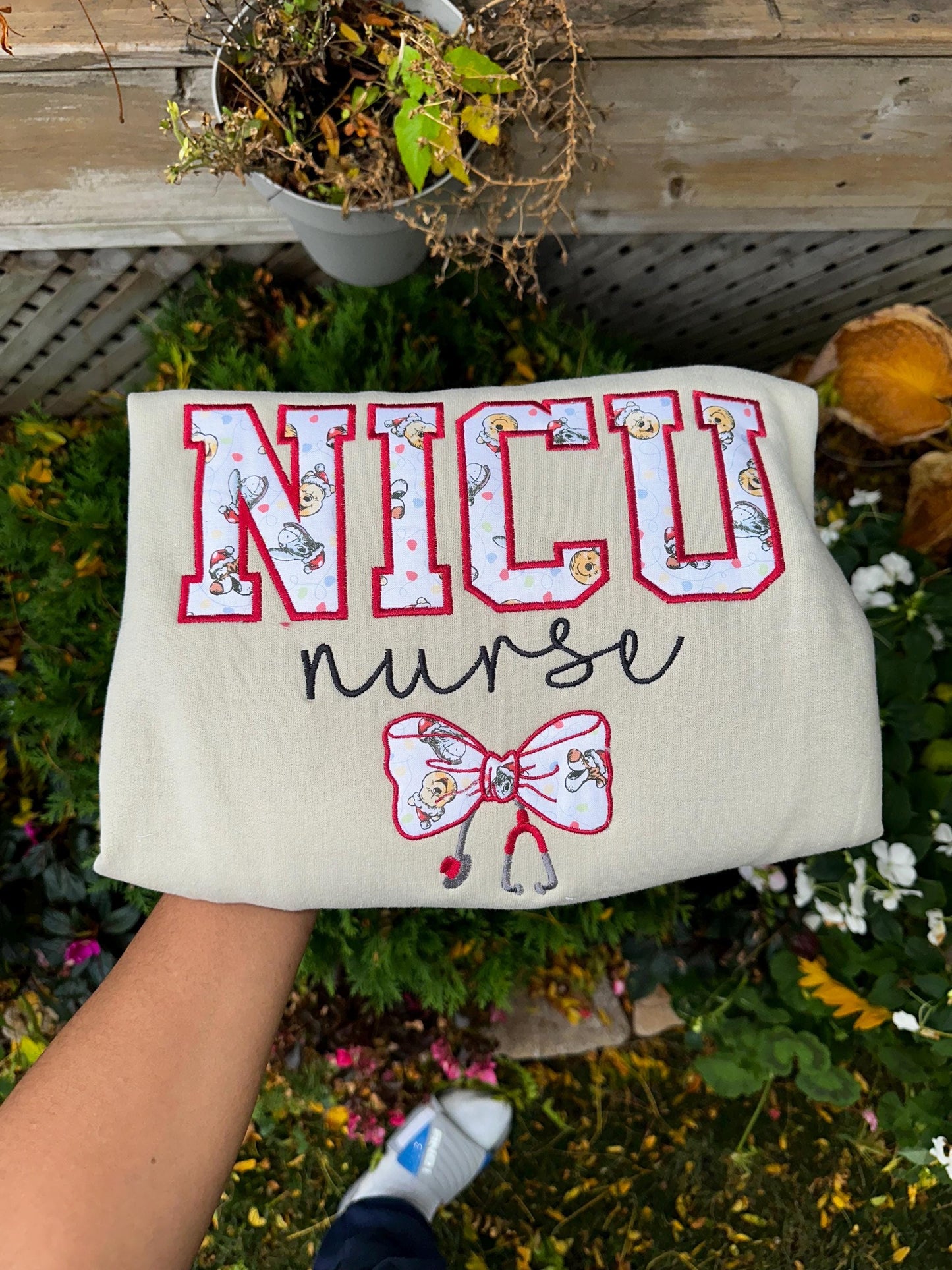 NICU Nurse Embroidered Crewneck – Bow & Stethoscope Neonatal Nurse Sweater