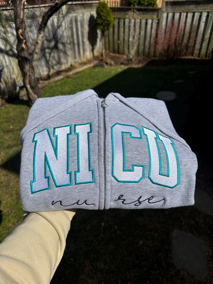 NICU Nurse Embroidered Zip-Up Hoodie – Personalized Nursing Sweatshirt