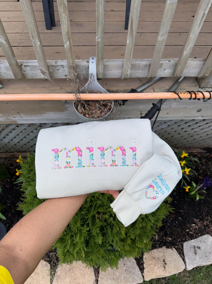 Floral Mimi Embroidered Sweatshirt | Custom Grandma Crewneck with Sleeve Name | Personalized Mimi Gift