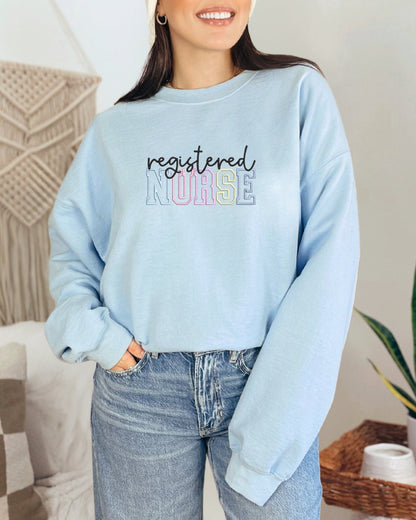 Pastel “Registered Nurse” Embroidered Crewneck Sweater