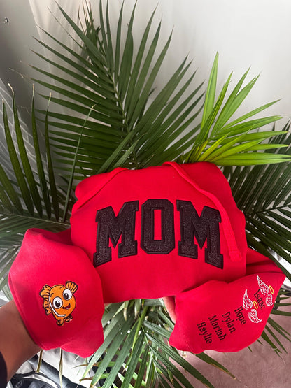 Custom Glitter MOM Sweatshirt & Hoodie – Personalized Embroidered Crewneck with Kids’ Names on Sleeve