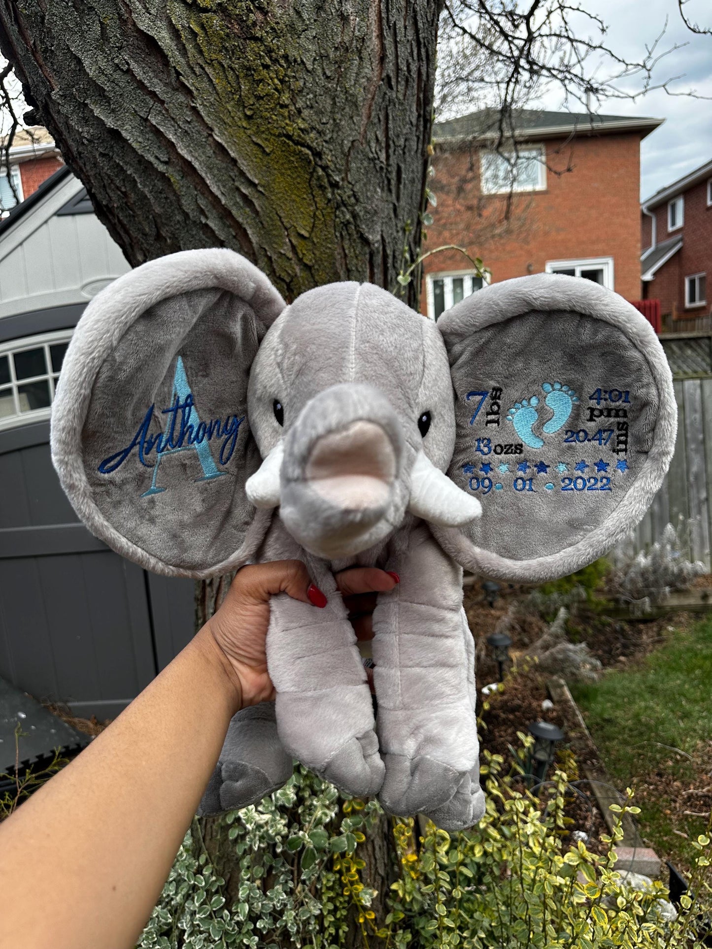 Personalized Elephant Plush with Embroidered Ears – Custom Baby Name Keepsake Gift (14” Elephant Ear Buddy)