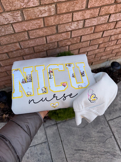 Personalized NICU Nurse Embroidered Sweatshirt | Custom Pooh-Inspired Varsity Crewneck | Nurse Appreciation Gift