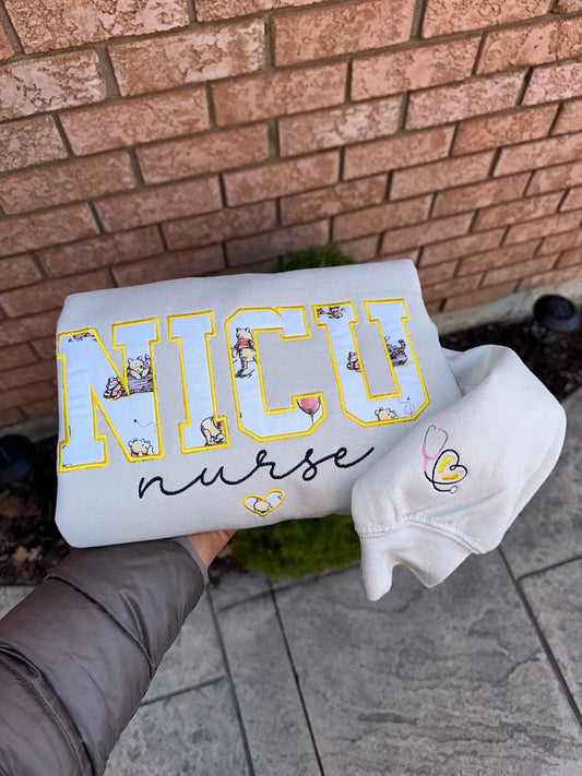 Personalized NICU Nurse Embroidered Sweatshirt | Custom Pooh-Inspired Varsity Crewneck | Nurse Appreciation Gift