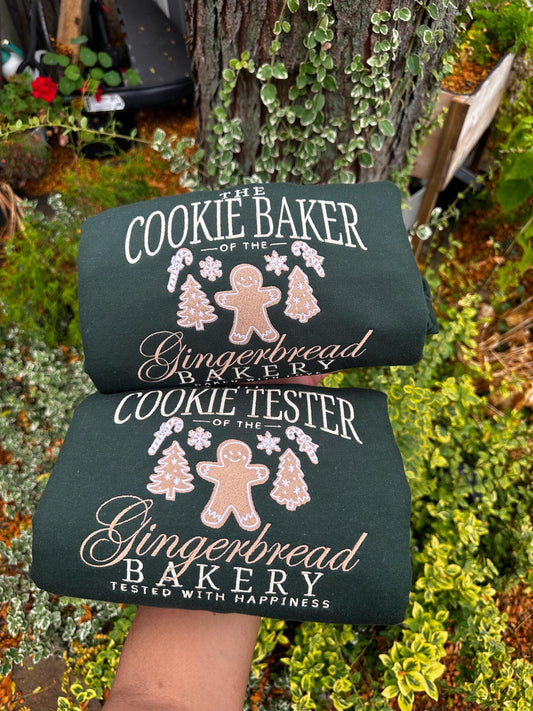 Gingerbread Bakery Matching Crewneck & Hoodie Set – Cookie Baker & Cookie Tester Christmas Embroidery