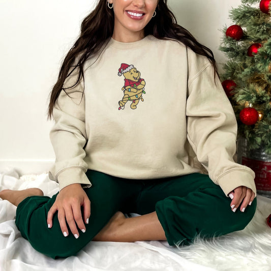 Holiday Bear Embroidered Crewneck & Hoodie – Cozy Christmas Lights Sweatshirt
