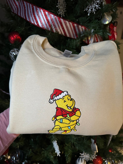 Holiday Bear Embroidered Crewneck & Hoodie – Cozy Christmas Lights Sweatshirt