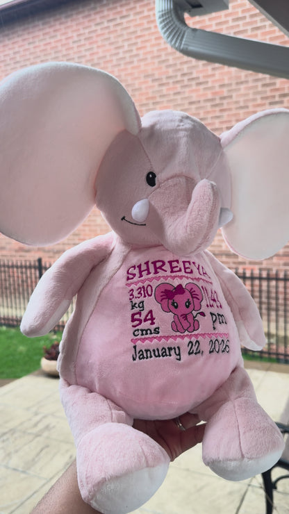 Personalized Elephant Plush Baby Gift – Custom Name, Birth Stats Embroidered Keepsake (Pink Stuffed Animal)